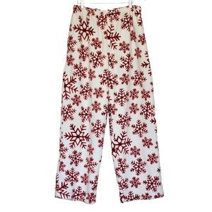 Holiday Plush Lounge Pants Snowflake Pajama Large Christmas eve White Red Pj's